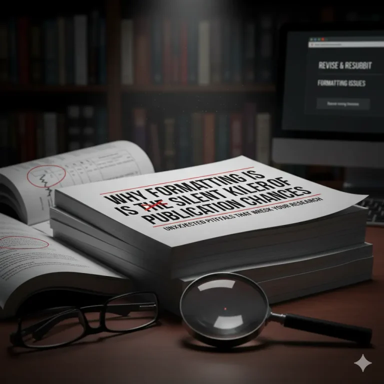 Journal article with red formatting corrections, magnifying glass, and computer screen showing publication rejection notice.