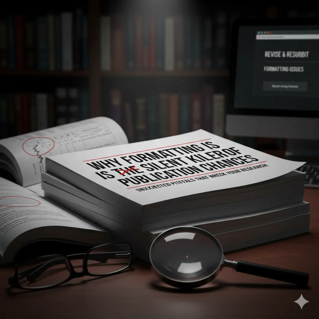 Journal article with red formatting corrections, magnifying glass, and computer screen showing publication rejection notice.